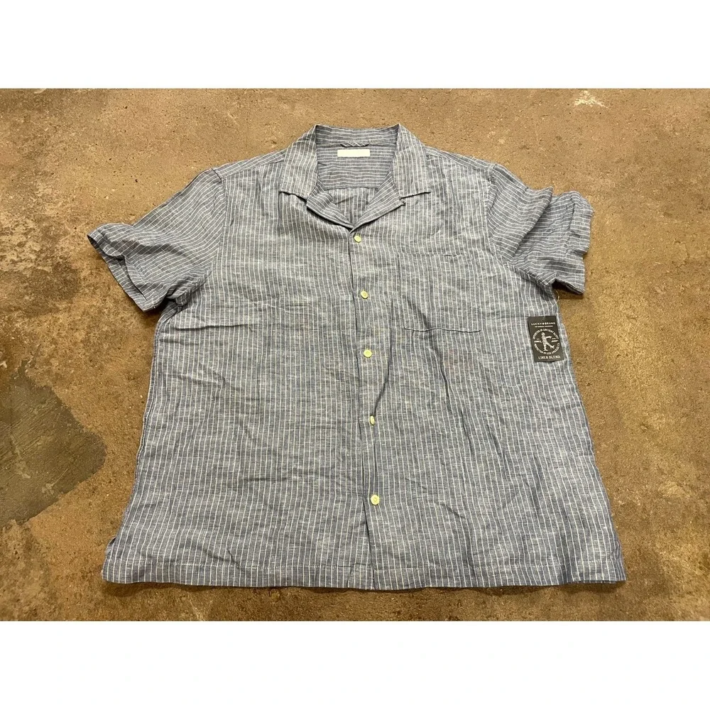 Lucky Brand Shirt Mens XL Blue Striped Linen Short Sleeve Camp Collar Casual - Picture 1 of 16